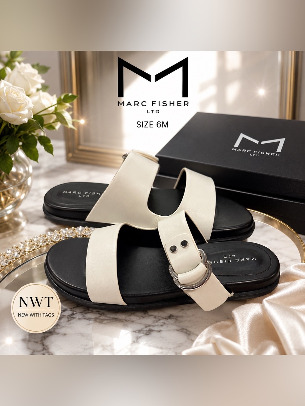 Marc Fisher LTD Ivory Double Strap Buckle Slide Sandals Size 6M NWT